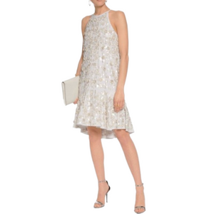 DVF Diane Von Furstenberg White Sequin Sleeveless Halter Dress Flare Hem Womens